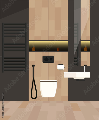 A bathroom with a toilet, sink, hygienic shower and heated towel rail.