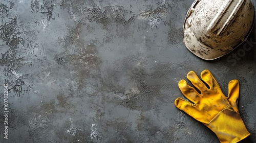 Construction Safety Gear Including Gloves and Hard Hat on a Textured Surface.