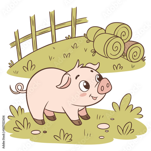 Adorable Happy Little Piglet on a Farm with Hay Bales