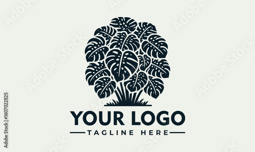 Stylish logo featuring a cluster of stylized monstera deliciosa leaves, forming a circular tree-like design.