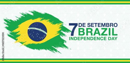 Brazil Independence Day vector banner with green yellow brush and national flag on white background illustration
