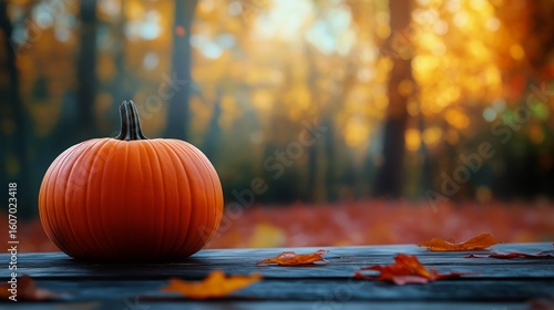 Autumn Pumpkin Surrounded by Colorful Leaves on a Wooden Table in a Sunset Se...
