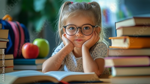 Young Girl With Glasses Studying at a Desk Surrounded by Books and School Sup...