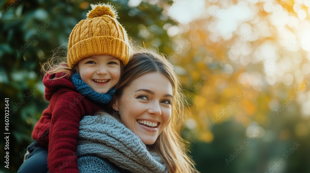 Obraz premium Enjoying a Joyful Moment Outdoors, a Mother Carries Her Smiling Child on Her Back During an Autumn Afternoon