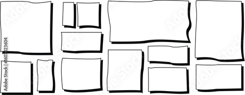 Hand-drawn blank frames and panels grid. Irregular white rectangles and squares with shadows, comic book style layout template.