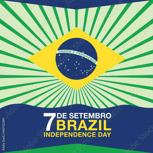 Brazil Independence Day poster with sunburst rays and national flag concept