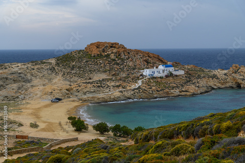Fototapeta Naklejka Na Ścianę i Meble -  A picturesque view of Agios Sostis beach and Church of Agios Sostis, Serifos, Cyclades, Greece