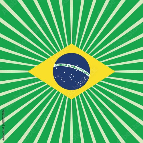 Brazilian flag with green radial rays burst background and abstract energy style