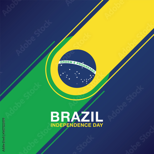 Brazil Independence Day graphic template with diagonal stripes and circular national flag in bold color
