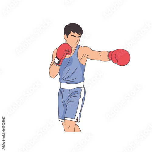 Male Boxer in Action Punching Pose Light Blue Outfit.