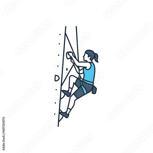 Vector Illustration of a Female Rock Climber Ascending a Climbing Wall.