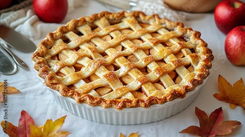 Homemade Apple Pie With Lattice Crust and Autumn Decorations on a Table
