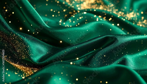 Emerald green satin fabric with gold glitter