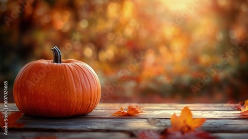 Autumn Pumpkin Surrounded by Colorful Leaves on a Wooden Table in a Sunset Se...