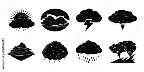 Dramatic Black and White Cloud Icons: Sun, Storm, Rain, Lightning, Weather Symbols, Vector Graphics.