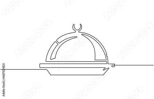 One line continuous waiter with tray closed lid restaurant concept,  Hand Drawn Symbol Vector Illustration, hand continuous line art .