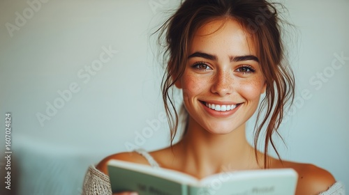 Woman Reading a Book While Smiling in a Bright, Sunlit Room With Soft Curtains.