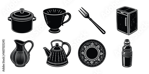 Vintage Kitchenware Silhouettes  Elegant Black and White Illustrations of Cookware, Tableware, and Drinkware.