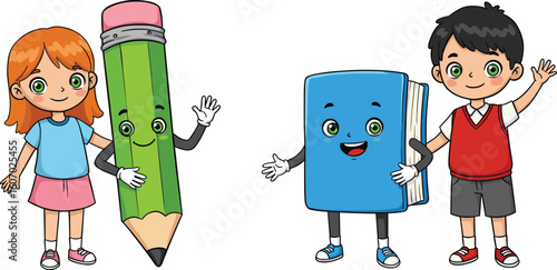 Cartoon kids with smiling pencil and book characters, fun educational vector illustration for school, learning, children content and designs