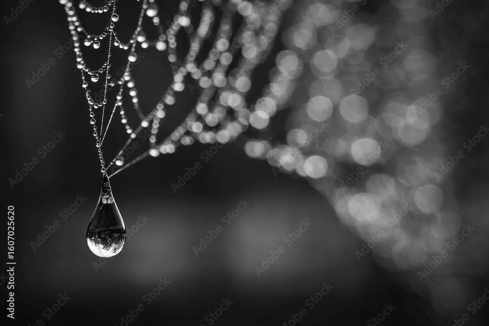 Intricate spider web adorned with dew drops in black and white setting during early morning light Intricate spider web adorned with dew drops in black and white setting during early morning light