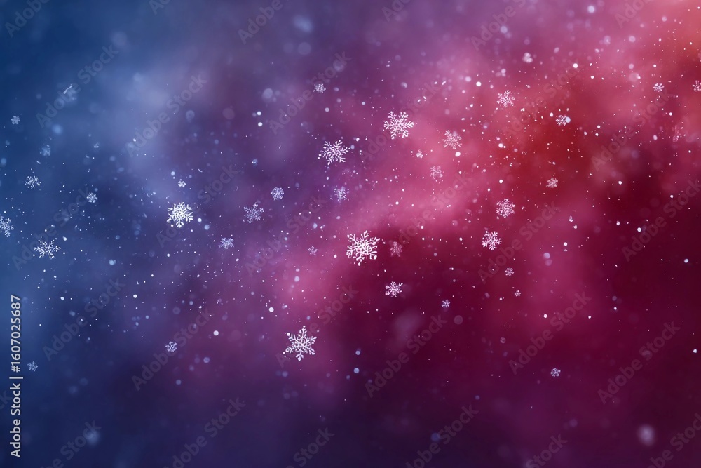 Fototapeta premium Snowflakes gently fall in a colorful twilight sky during a winter evening