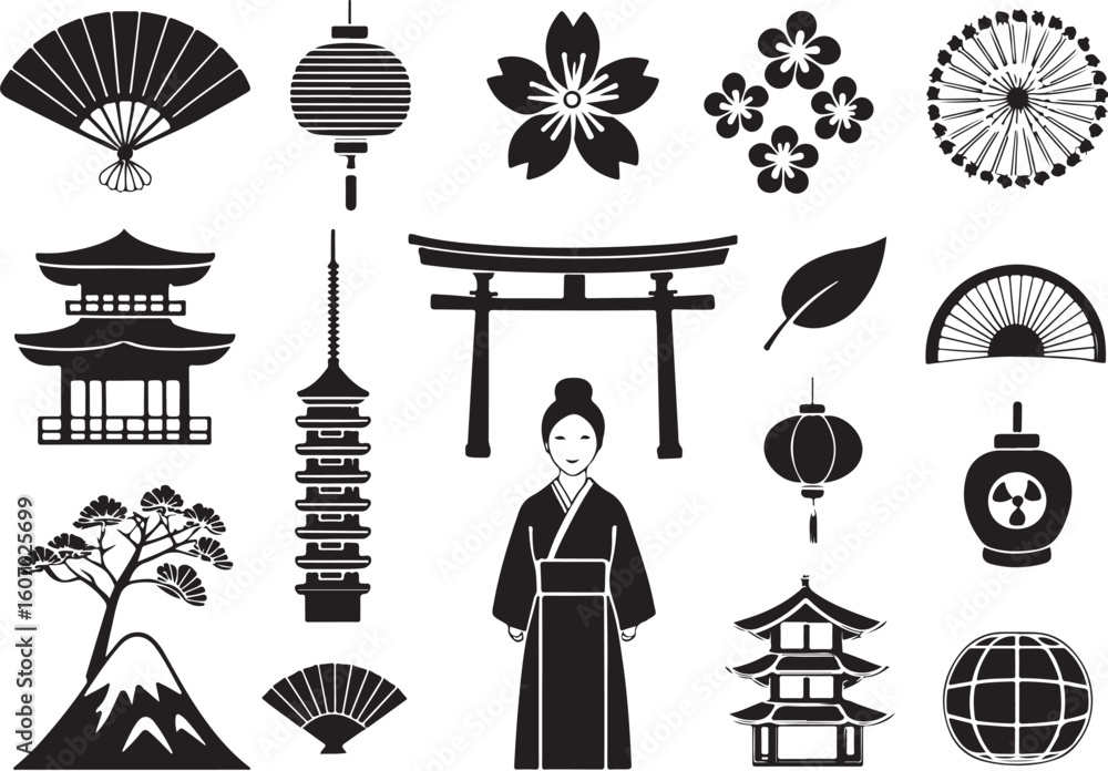 Naklejka premium Japanese Traditional Icons in Silhouette on White Background Premium Vector Set