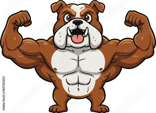 Cartoon muscular bulldog flexing arms with strong abs, powerful animal mascot character, fun fitness illustration for sports, gym, and branding