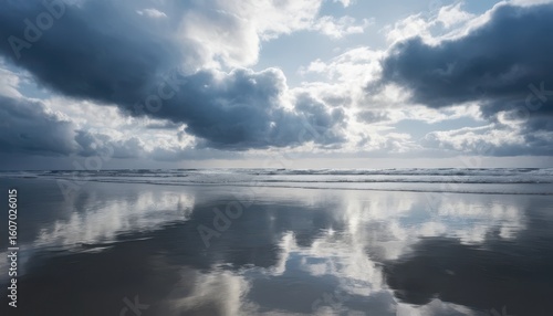 Cloudy Sky Reflection on Beach: A serene coastal landscape is awash with dramatic cloud formations mirroring beautifully on the wet sand, creating a stunning, mirror-like effect