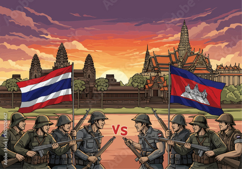 Thai and Cambodian soldiers face off at sunset, Angkor Wat and a Thai temple forming a dramatic backdrop to their conflict.