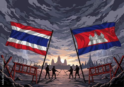 Political tension depicted between Thailand and Cambodia, with soldiers and barricades.