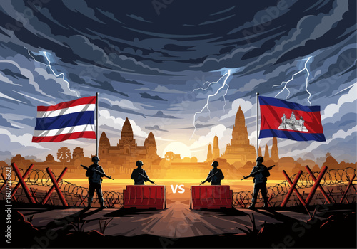 Stormy conflict between Thailand and Cambodia, symbolized by soldiers guarding national flags before Angkor Wat.