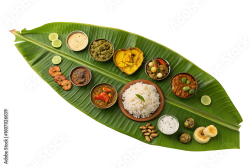 Traditional South Indian Feast Served on a Fresh Green Banana Leaf Isolated on White Background for Festivals and Celebrations