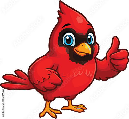 Cartoon red cardinal bird giving thumbs up, cheerful and friendly mascot character perfect for logo, children’s book, and educational materials