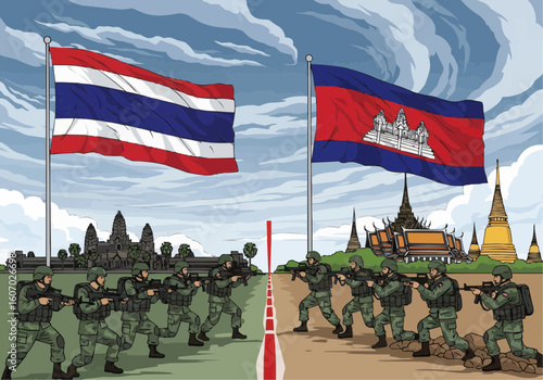 Illustration depicting soldiers facing each other with flags and historical landmarks.