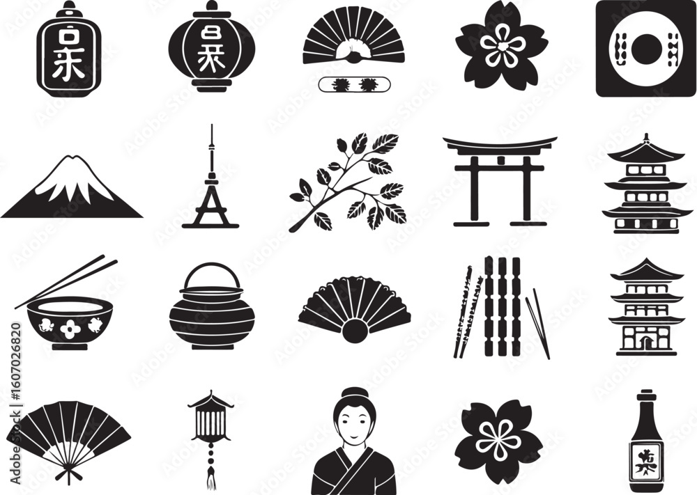 Naklejka premium Japanese Traditional Icons in Silhouette on White Background Premium Vector Set
