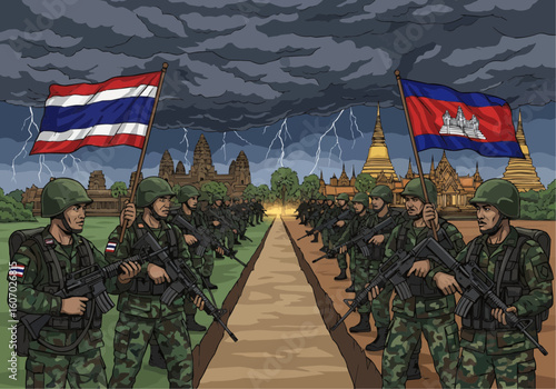 Military forces from Thailand and Cambodia stand facing each other, flags of both nations displayed, amidst a stormy sky, implying potential conflict or tension.