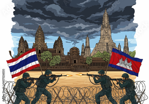 Armed conflict threatens ancient temples amidst a stormy sky, Thai and Cambodian flags displayed.