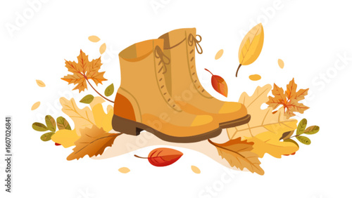 Autumn boots fashion illustration with fall leaves vector graphic for seasonal promotions design