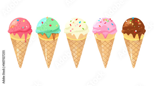 Delicious ice cream cones vector illustration with various flavors for summer treat and dessert design