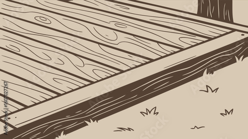 Illustration of wooden deck flooring with grass background for outdoor living space design ideas
