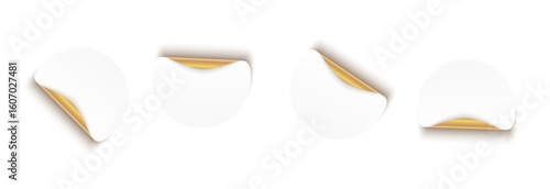 Round blank stickers with gold corner peels. Realistic adhesive stickers tag with curled golden edges. Premium price tags for advertising, sale, promo, marketing. Vector