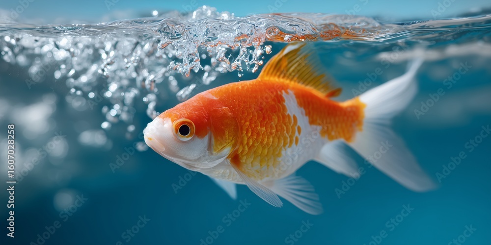 Fototapeta premium Goldfish swimming in an aquarium, a cute golden aquatic pet isolated in clear water