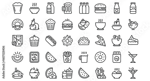 Vector art of a diverse collection of food and drink icons represents various culinary options, isolated on white background