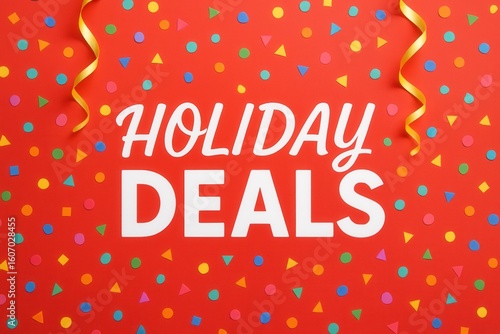 Wallpaper Mural Festive holiday deals banner on a vibrant red background featuring bold white text, colorful confetti shapes, and decorative yellow ribbons celebrating the season's promotions. Torontodigital.ca