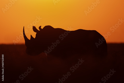 Photography Black rhino stands on horizon at dawn
