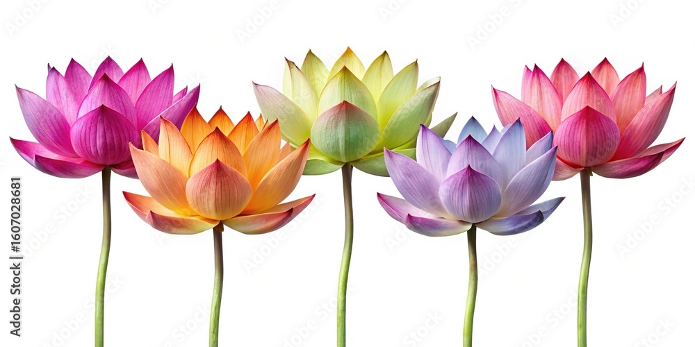 Fototapeta premium Five Stunning Colorful Lotus Flowers in Full Bloom on a White Background
