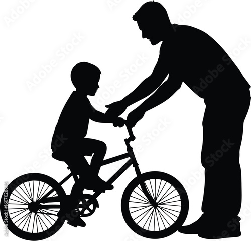 A father is teaching his son how to ride a bike.