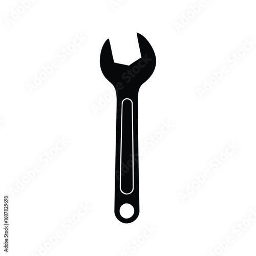 Black silhouette of an adjustable wrench on a white background