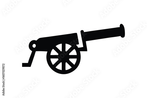 Silhouette of a historical black cannon on a white background representing warfare and artillery