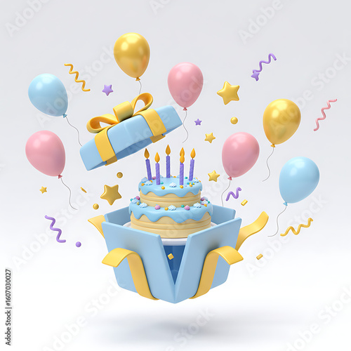 A vibrant, 3D-rendered birthday cake emerges from a present, surrounded by balloons and confetti.